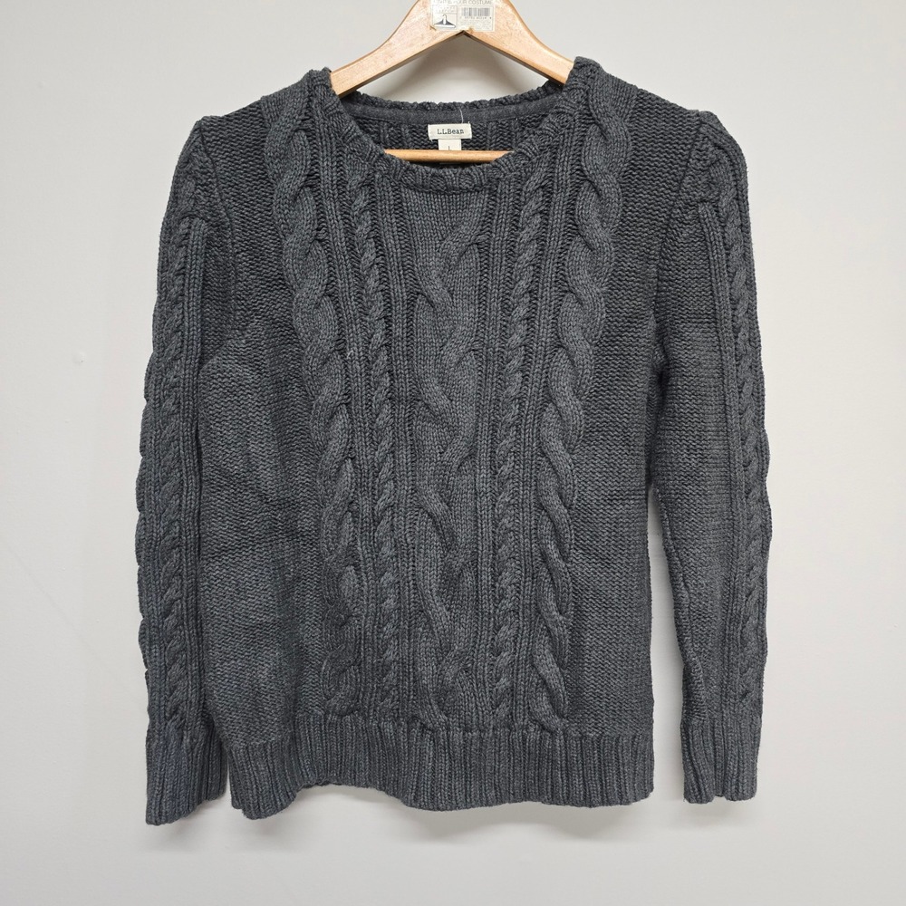 LL Bean Cable Knit Sweater Womens LP Large Petite Gray Cotton Crewneck Classic